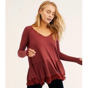 Free People Tangerine Tee Ruffle Waffle Long Sleeve Top in Brickstone Red
